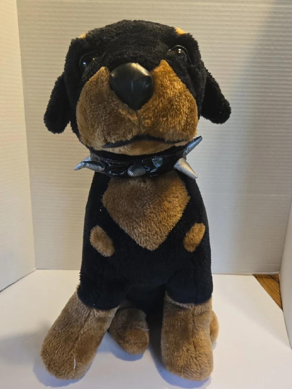 Plush Doberman Dog Toy in Black and Brown with Spike Collar